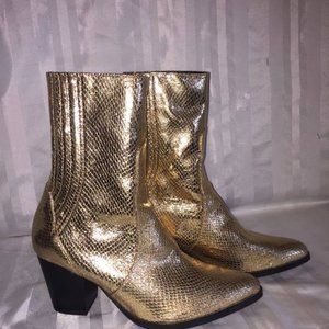 Gold Animal Snake Print Metallic Heeled Ankle Boot